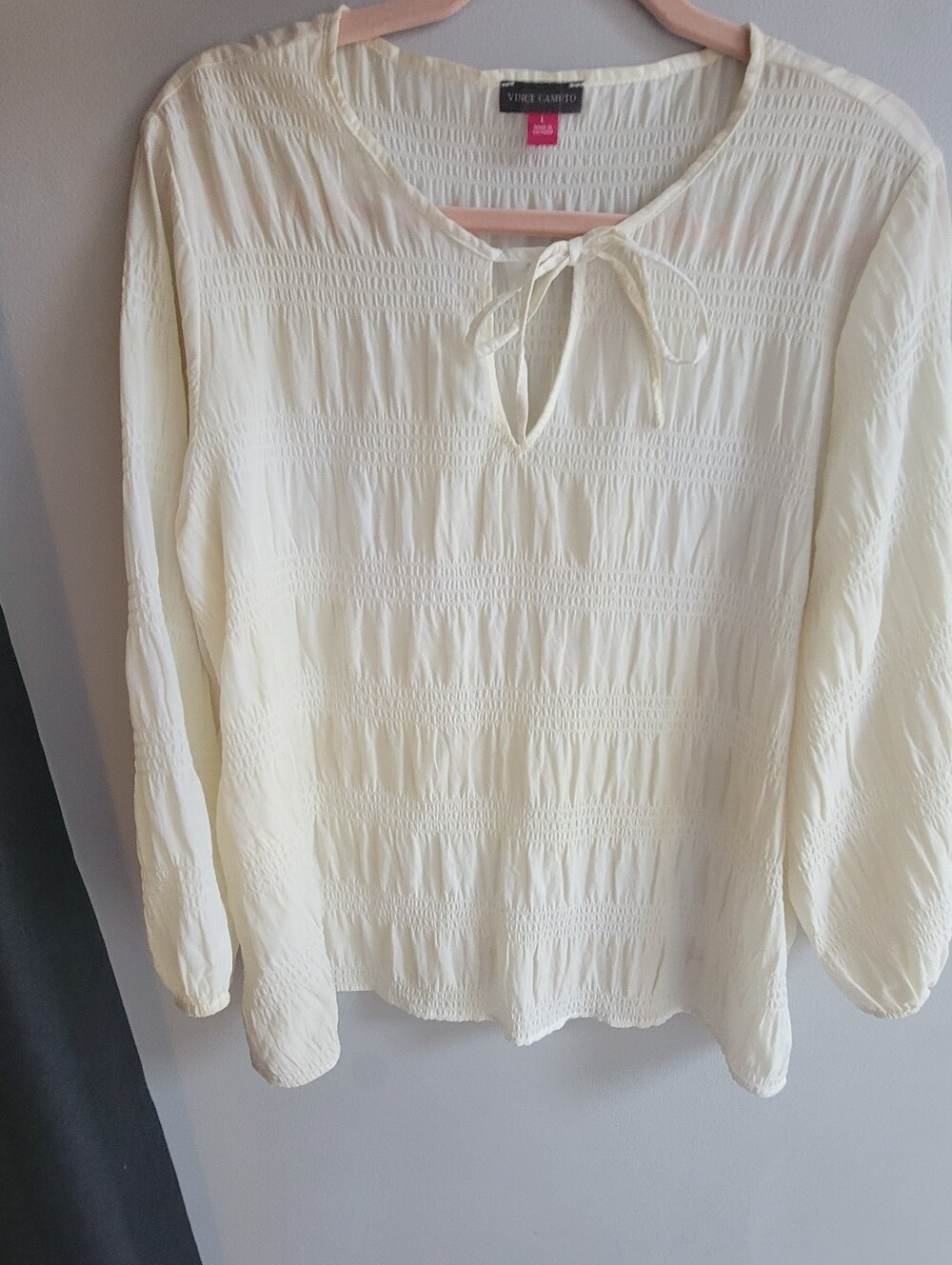 Vince Camuto Cream Smocked Tie-Front Blouse